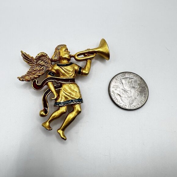Vintage Museum of American Folk Art Angel Trumpeting Brooch Gold Tone Enamel - Picture 14 of 15